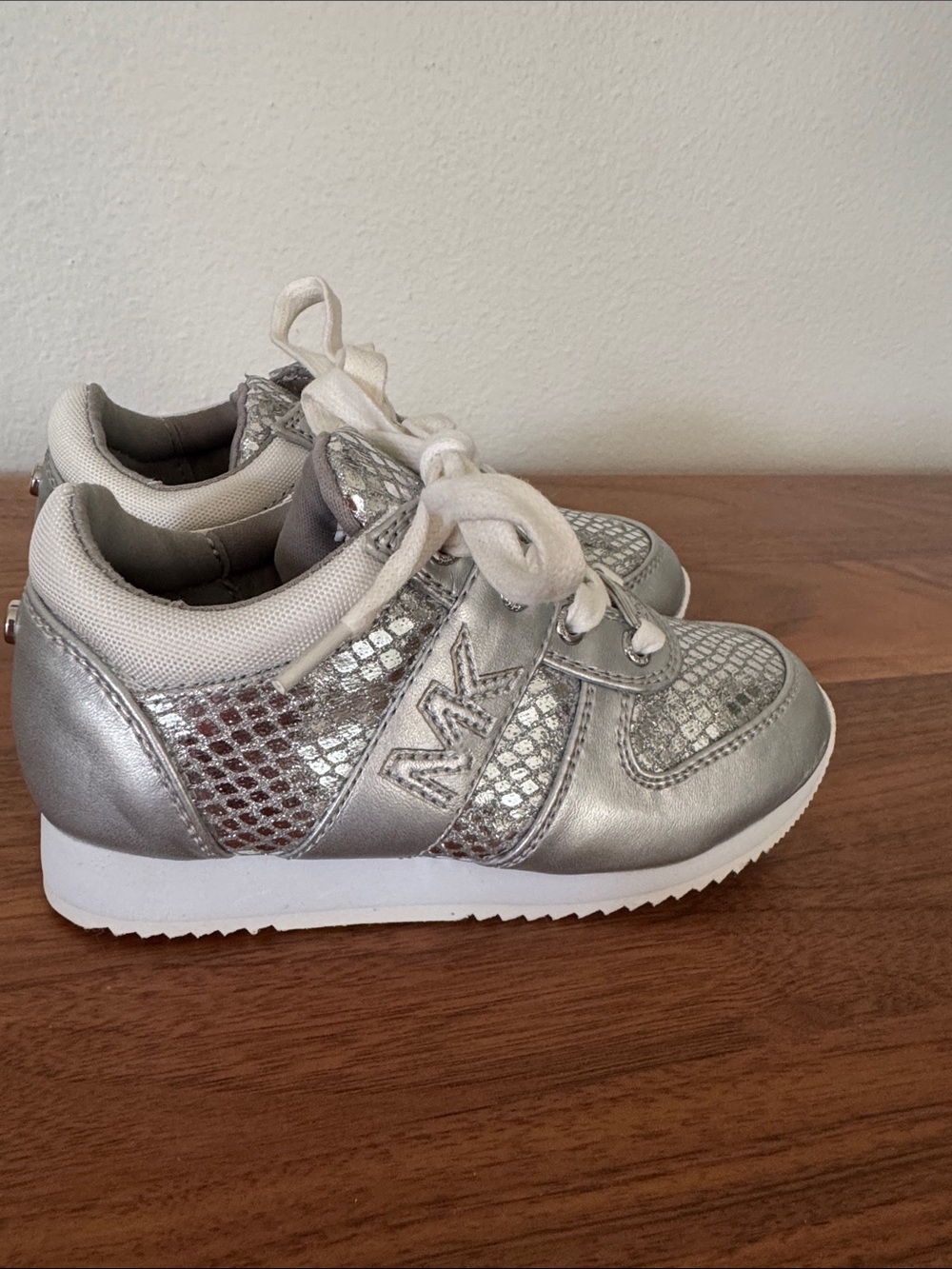 Michael Kors Silver Metallic Girls' Sneakers with MK Logo Accent - NEW